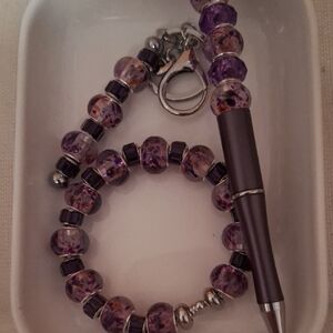 Purple Beaded Bracelet and Pen Set